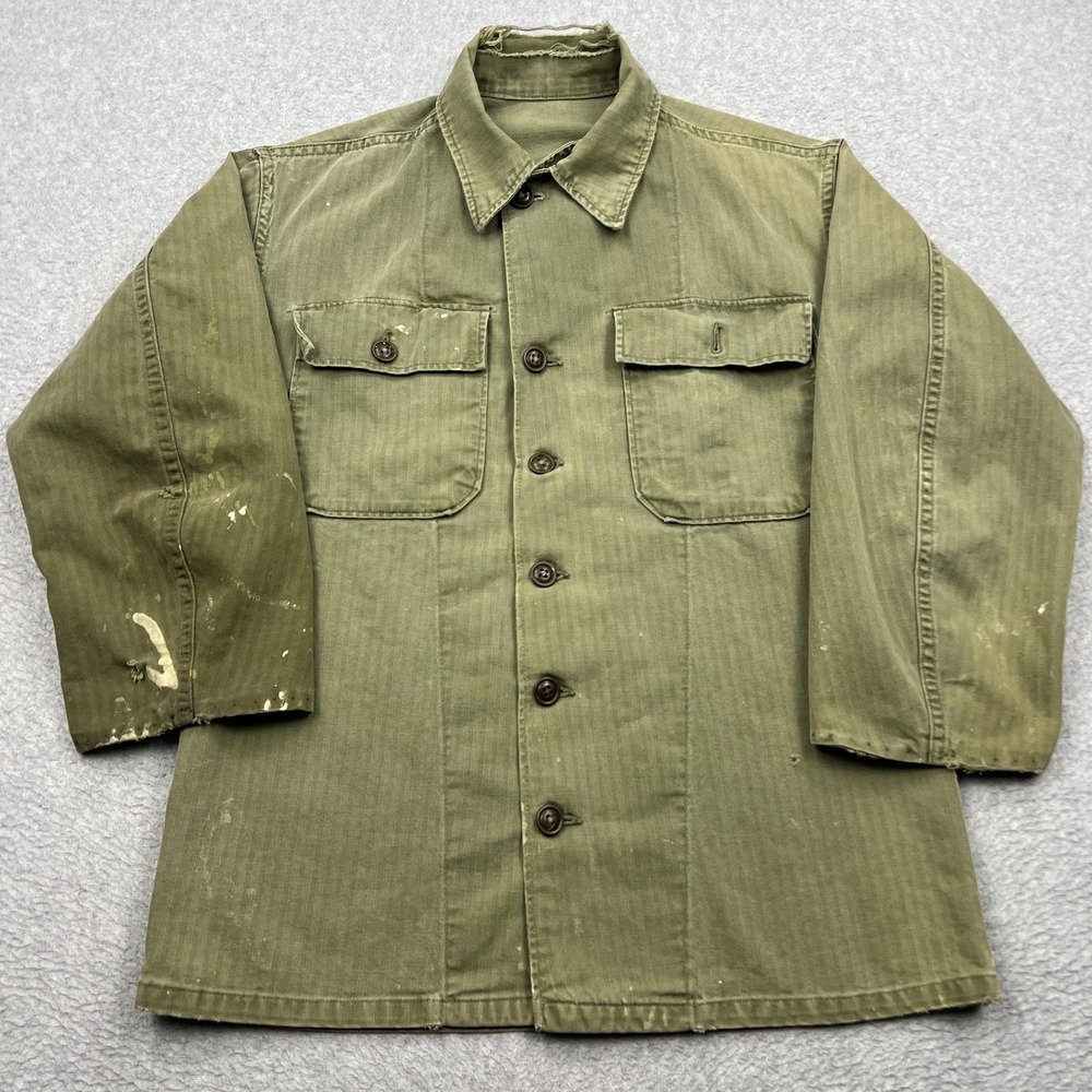 VTG Military HBT Utility Jacket Men Green Herringbone Twill Melamine Fatigue 40s